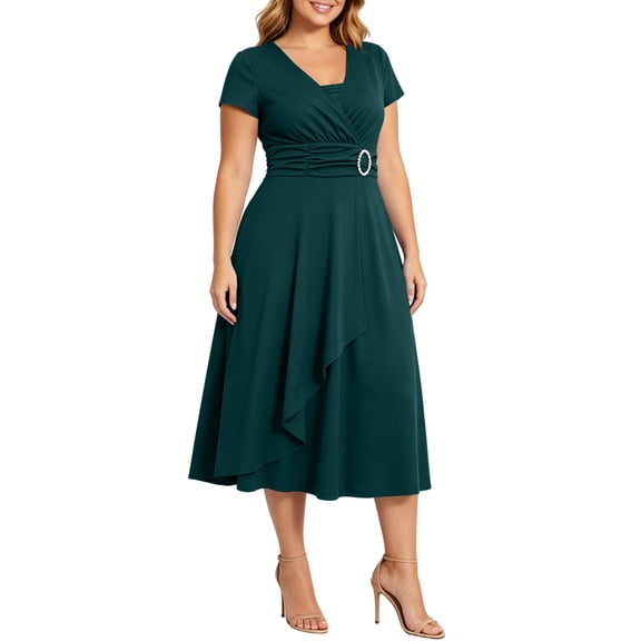 Erwazi Dresses for Women Solid V Neck Short Sleeve Dress Belt Waist Trendy Outdoor Everyday Summer Casual Wear Midi Dresses