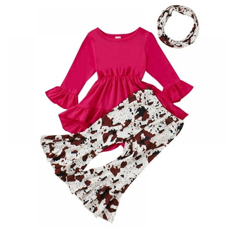 

SYNPOS Baby Girl Clothes Sets Ruffle Long Sleeve Top Flared Pants 3Pcs Outfit Set Gift For Baby Girls