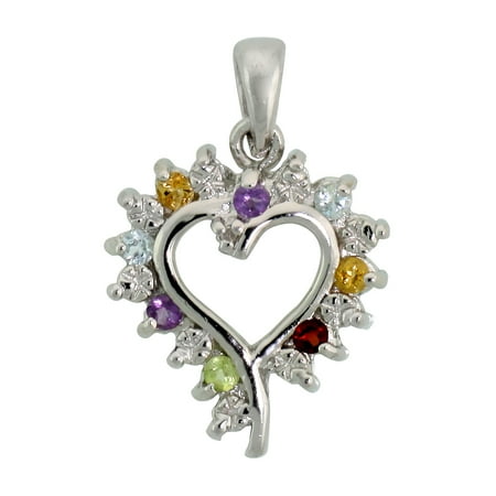 - Sterling Silver Cut Out Heart Pendant w/ 3mm Brilliant Cut Natural Multi-Color Gem Stones, 3/4