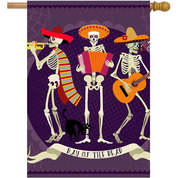 Bandera mexicana del Día de los Muertos con diseño de calavera de azúcar y esqueleto, de poliéster de doble cara, de 71 x 101 cm, ideal para jardín, patio, césped, decoración del hogar y exteriores.