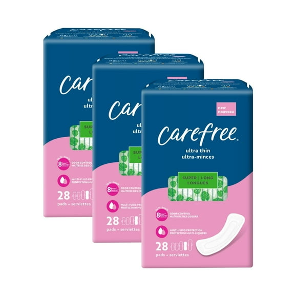 Carefree Serviettes Hygiéniques Ultra Fines pour Femmes, Serviettes Super/longues Sans Ailes, 84ct (3 Paquets de 28ct) Carefree Serviettes, Soins Féminins, Serviettes Hygiéniques & Post-Partum 84ct (3 Paquets de 28ct)