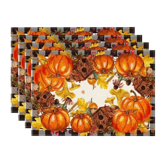Smile Buffalo Check Plaid Fall Thanksgiving Table Placemats 12 x 18 Set of 4, Pumpkins Mushrooms Birdhouse Maple Leaves