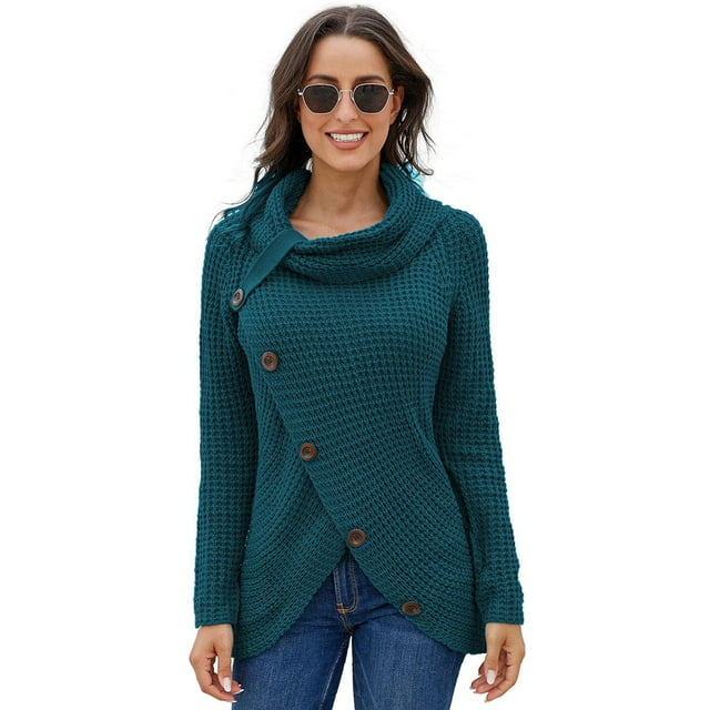 Pulls Femmes Chauds Asymétriques Tricotés Col Roulé Unis Enveloppants Manches Longues Hauts Décontractés m