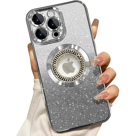 For iPhone 15 Pro Max Magnetic Glitter Case Compatible with MagSafe,Full Protection Slim Shockproof Anti-Scratch Case with Camera Lens Protector Logo View Dust-Proof Net for Women