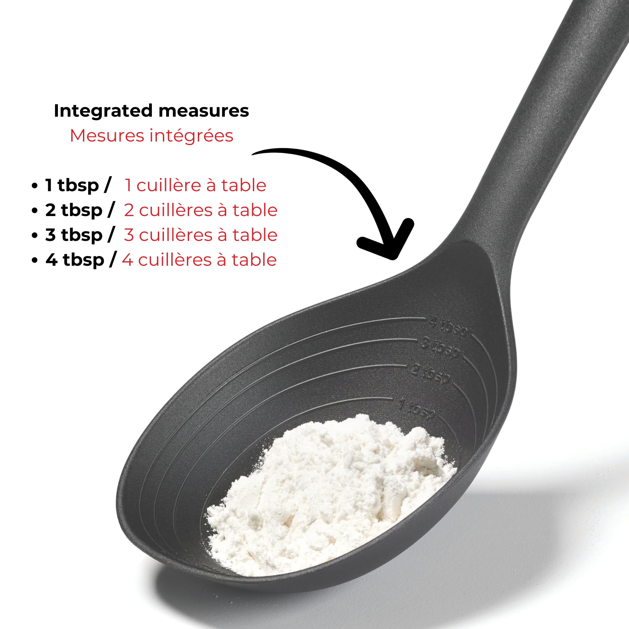 Starfrit Gourmet STEEL Nylon Spoon, Stainless Steel Handle, Heat Resistant Nylon Head, 4 Integrated Measures, Flat Edge, Safe for Non-Stick Cookware, Dishwasher Safe, Starfrit Gourmet STEEL Nylon Spoon features a durable stainless steel handle and heat-resistant nylon head safe for non-stick cookware. Includes 4 integrated measures and a flat edge for easy scooping. Dishwasher safe and heat resistant up to 410°F (210°C).