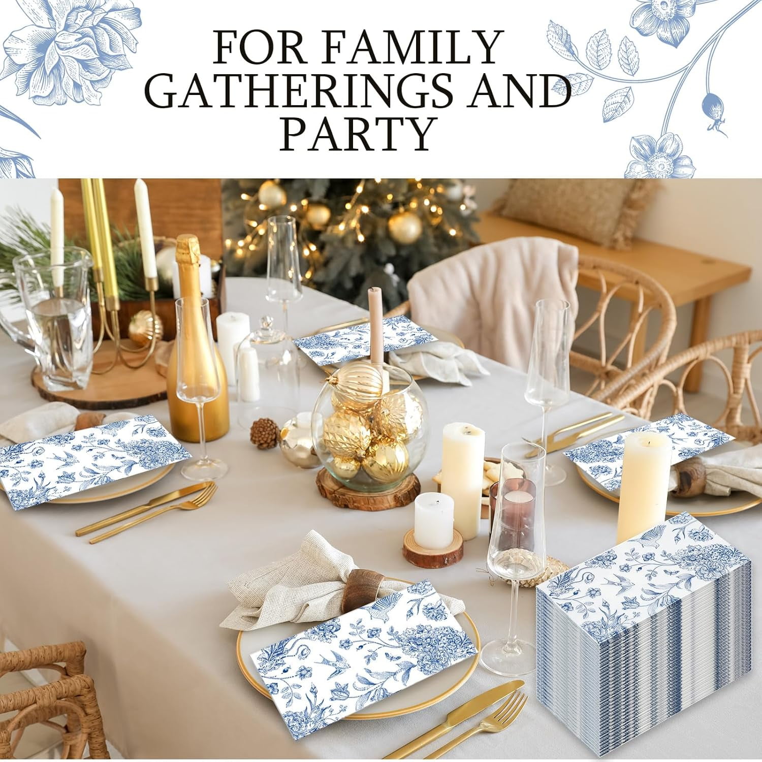 200 Pcs Blue Floral Paper Napkins Disposable Hand Towels for Bathroom Guest Decorative Napkins Paper for Bathroom Shower Toilet Powder Room Holiday Wedding Bridal Tea Party