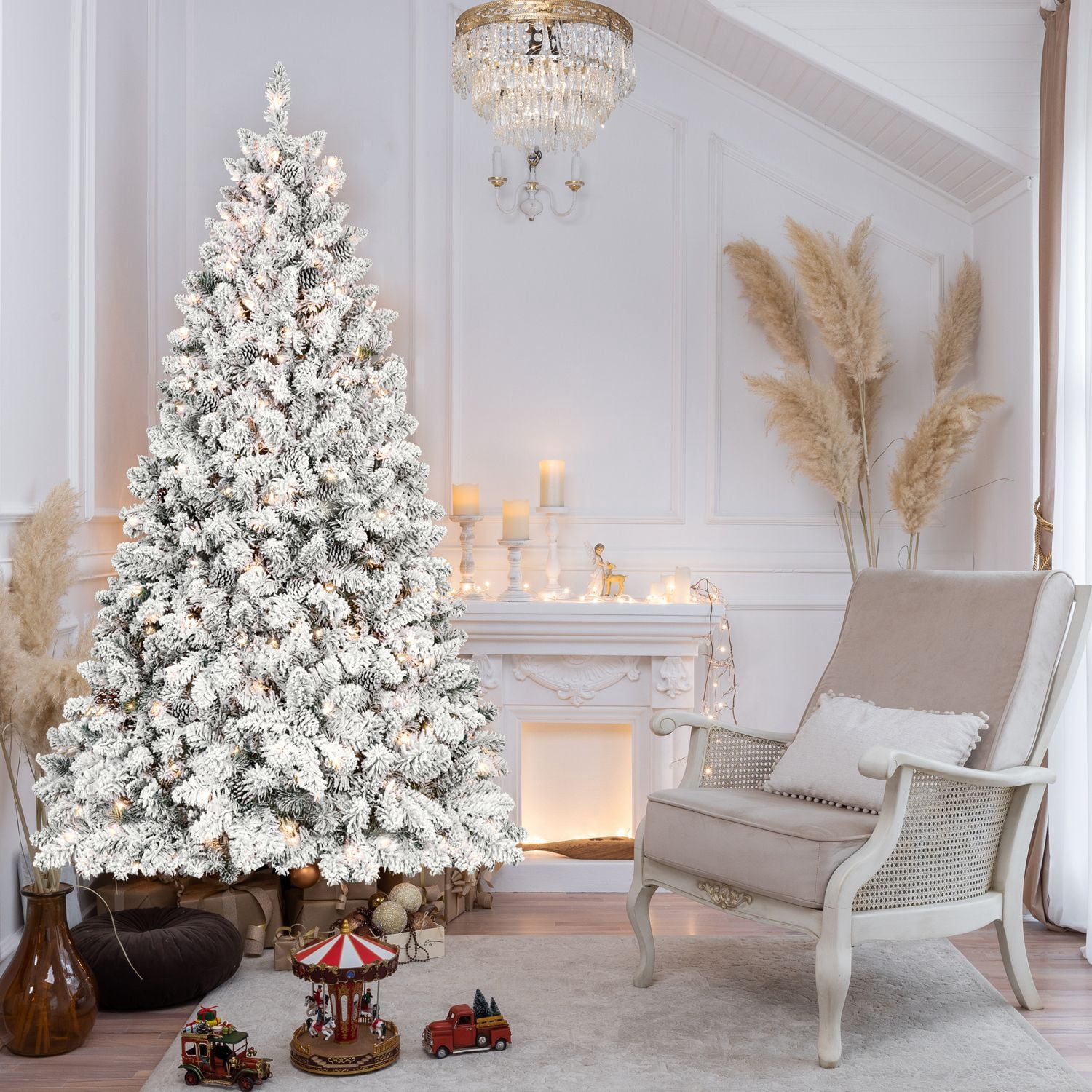 Alvantor 4FT Flocked Christmas Tree with 150 LED Lights & 21 Pine Cones & 366 Tips for Indoor Holiday Decoration White