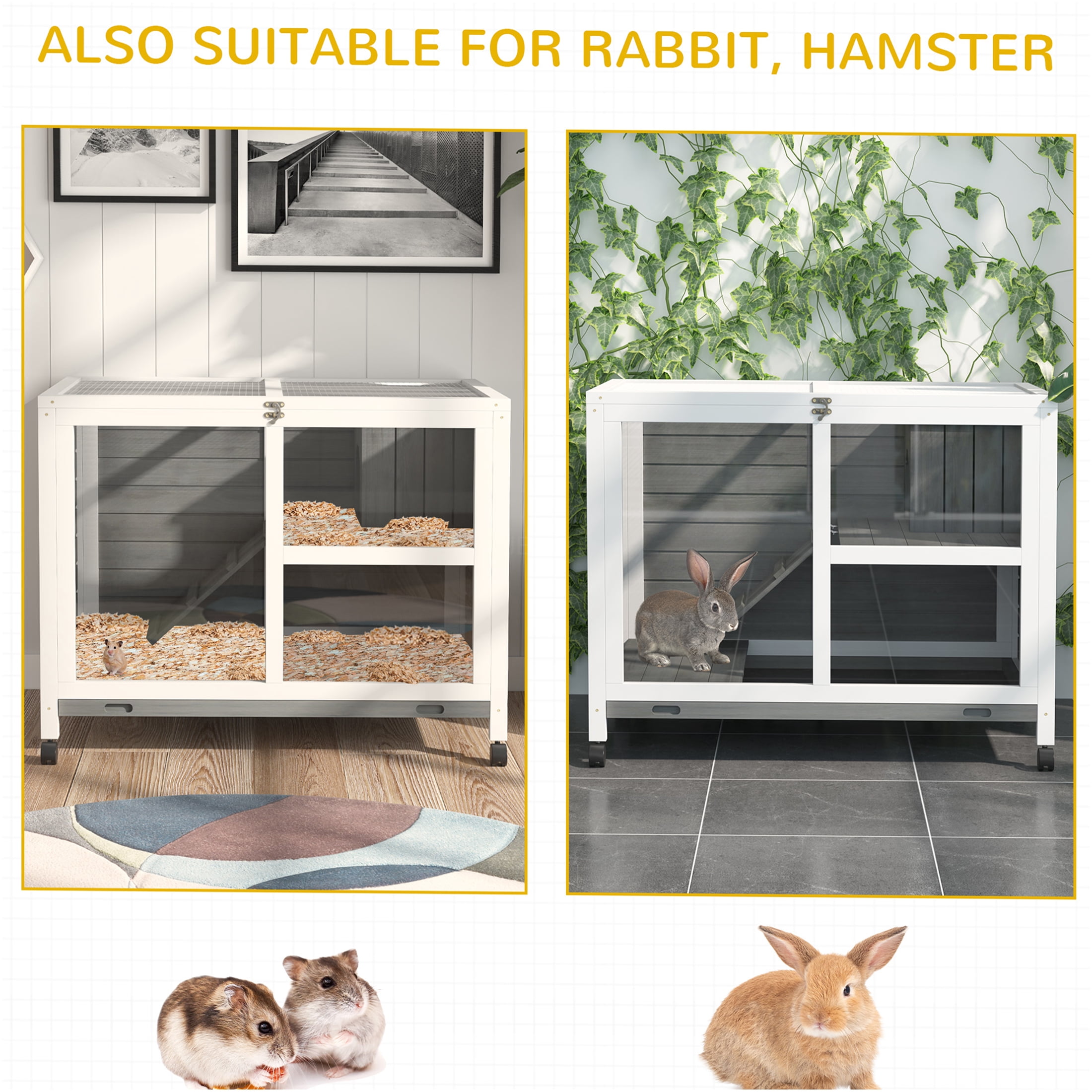 JERFIT 36" Rolling Rabbit Hutch with Wheels, Waterproof Wooden Bunny Cage Indoor, Portable Small Animal Home with Lockable Door & Leak-Proof Tray, Desk Side Table Size, Gray