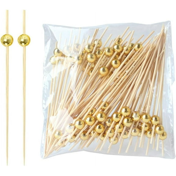200pcs 12cm Gold Beaded Wooden Toothpicks Bamboo Fruit Picks Drink Party Picnic Food Decoration