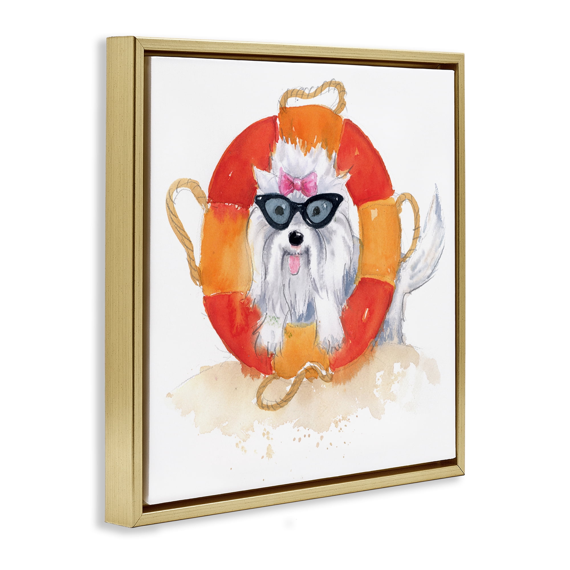 Stupell Industries Sandy Dog in Sunglasses Animals Painting Gold Floater Framed Canvas Art Print Wall Art, 25 x 25
