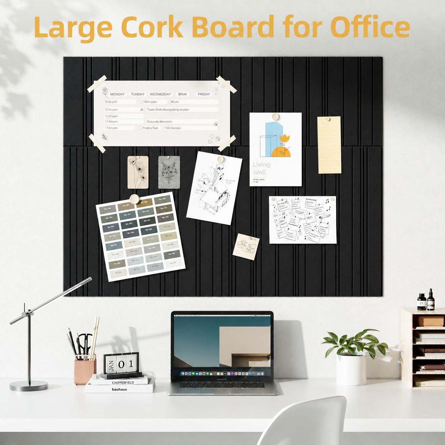 Merryhome Large Cork Boards for Walls, 48" x 36" 3D Wood-Grain Soundproof Panels, Felt Wall Tiles for Office Pin Board Tack Board Cork Boards, 12 Pack
