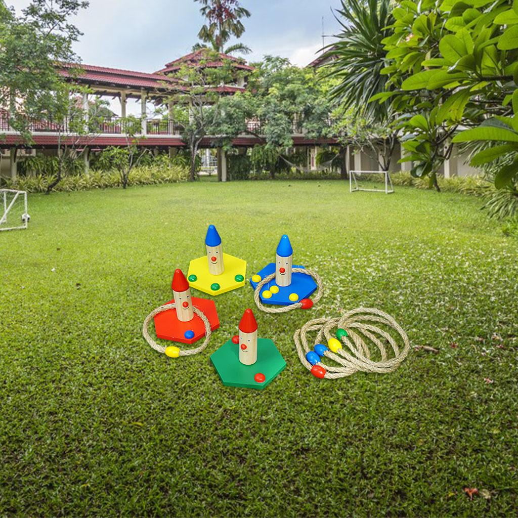 LeeQinersw Wooden Hoop Ring Toss with 4 Pillar & 8 Rings Garden BackYard Game Outdoor Toys