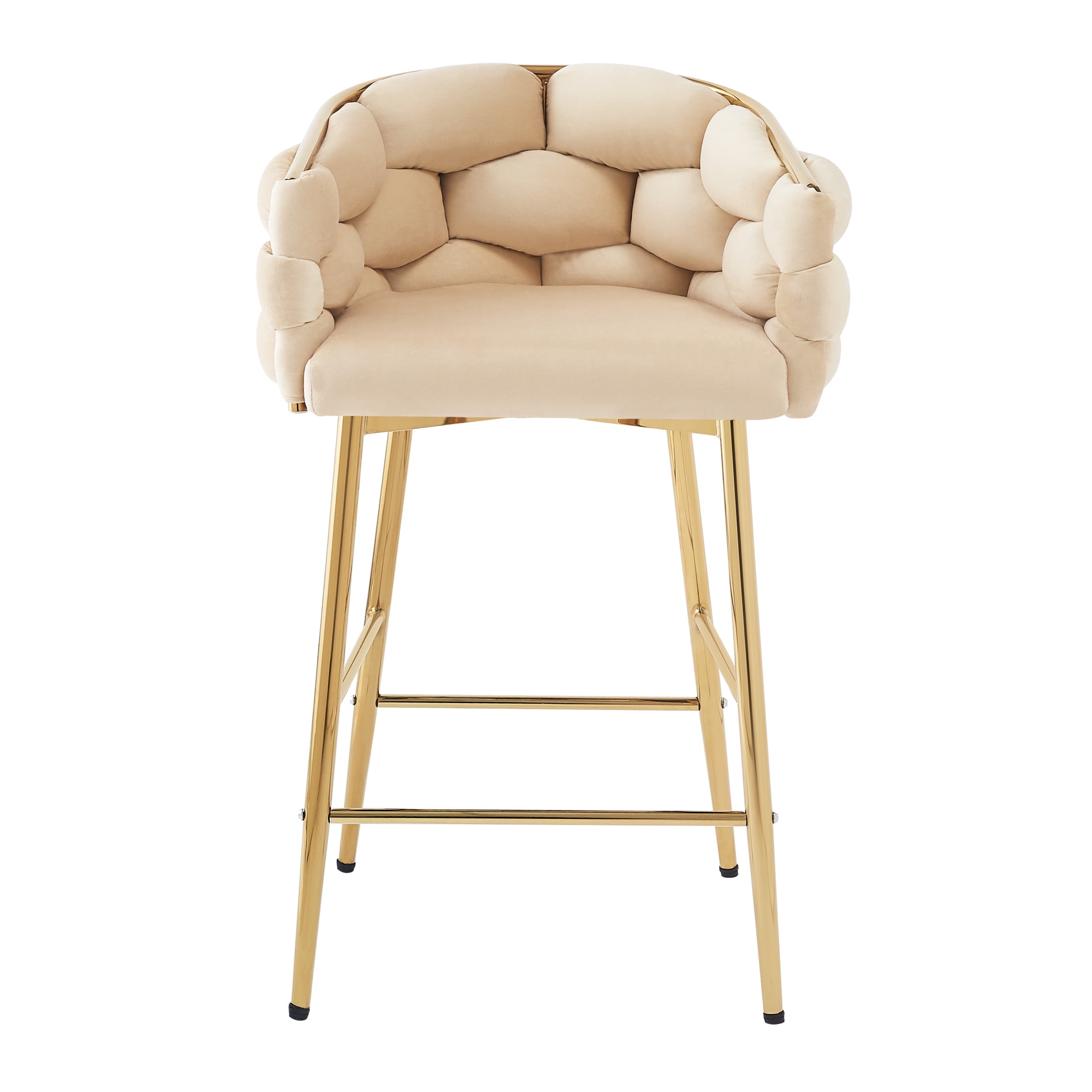 Nivora 28" Seat Height Modern Upholstered Flannelette Counter Stools, Metal Frame, Beige + Gold, Set of 2
