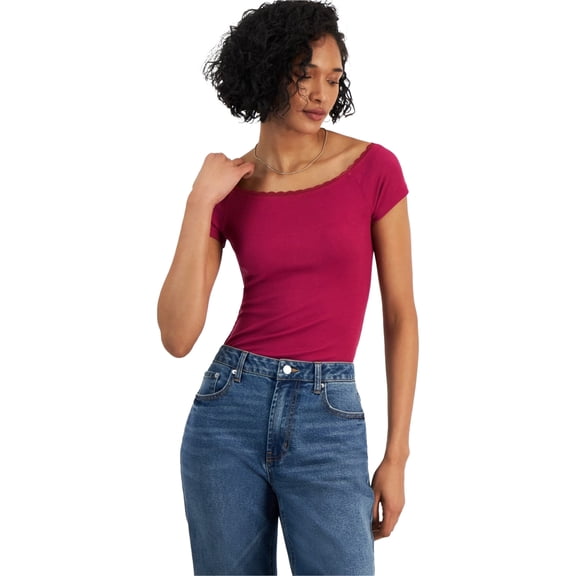 Self Esteem Juniors' Ribbed Lace-Trim Cap-Sleeve Bodysuit - Beaujolais, XS