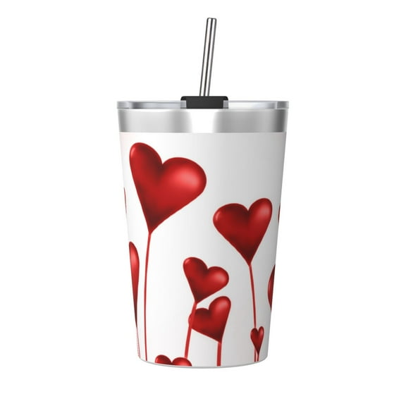 PAYOHTO Valentines Day Lover Red Heart Insulated Stainless Steel Tumbler 12 oz Thermos Come with Straw Kids Leak-Proof Travel Mug Cup