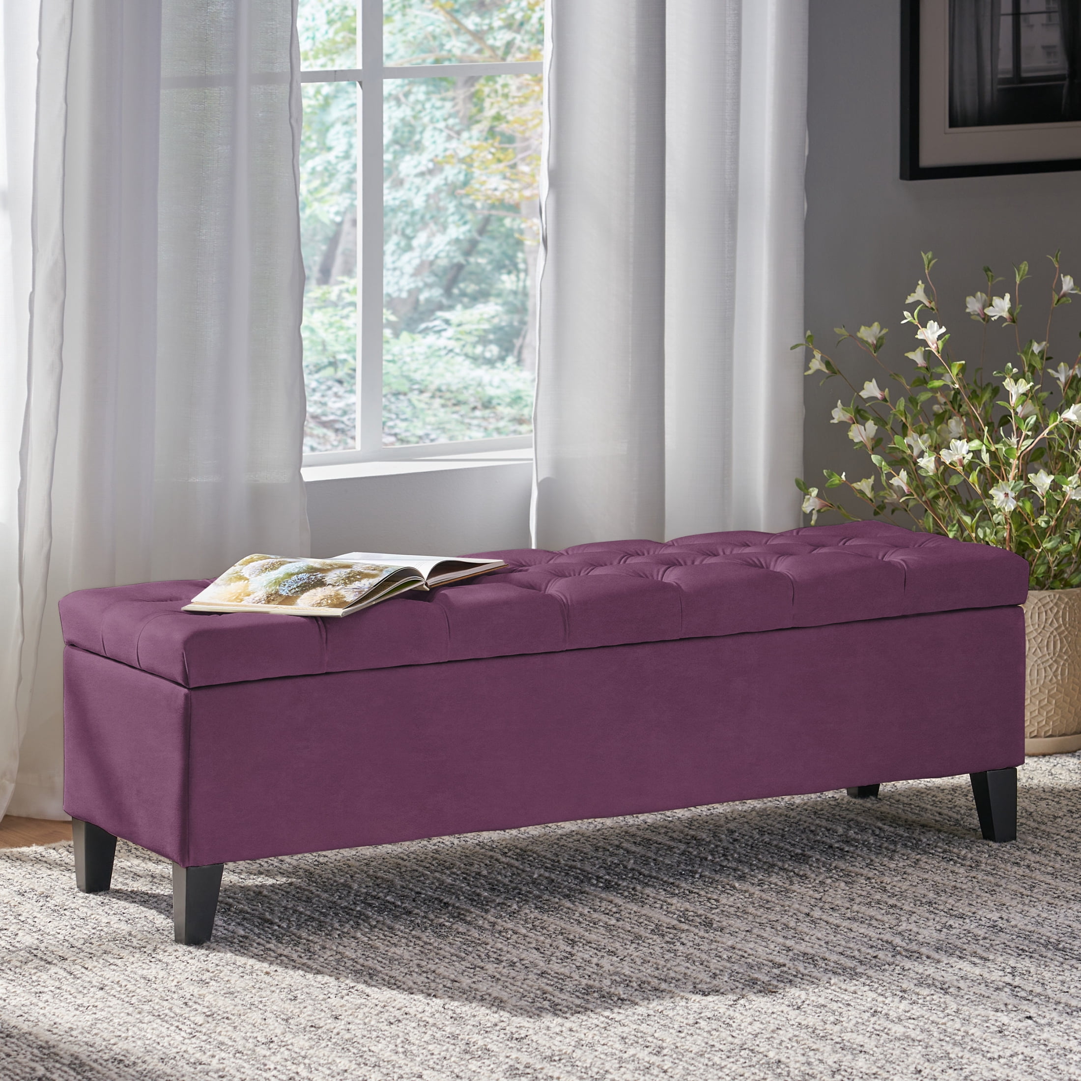 Christopher Knight Home Modern 52" Velvet Storage Ottoman Bench, Button Tufted, Purple