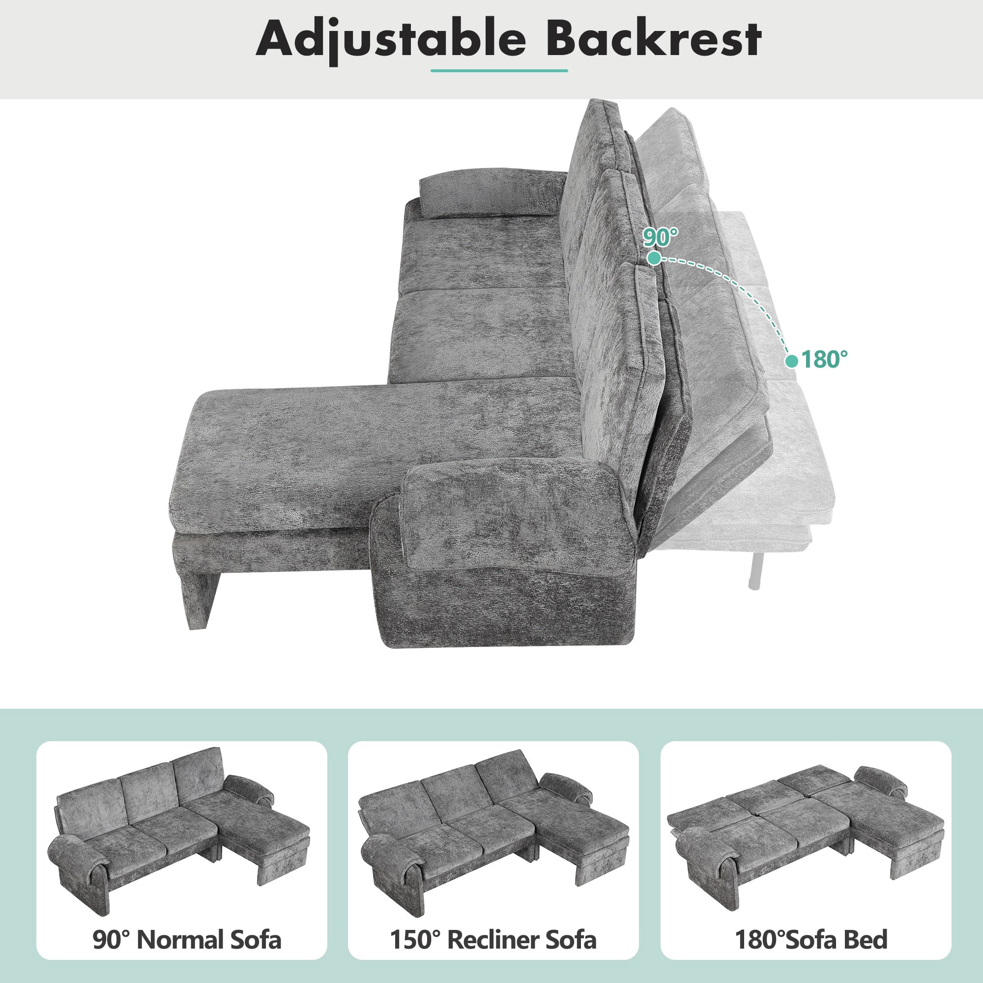 94.1" Convertible Futon Sofa Bed,Futon Sofa Couch with Adjustable Backrest,Reversible Chaise Lounge and Two Removable Armrest Pillows for Living Room,Gray
