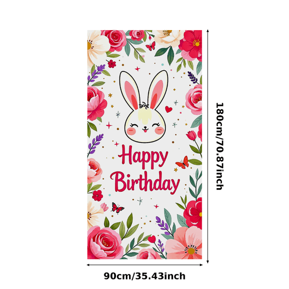 Cute Bunny Themed Happy Birthday Banner with Floral Butterfly and Star Elements Backdrop Party Supplies for Birthday Parties Photography Props Photo Booth Decorations
