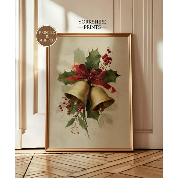 Vintage Golden Bells Winter Holiday Wall Decor, Xmas Fine Art Poster, Print Postered and Shipped, Size 8x12 UNFFRAMED F03.1.6l1189