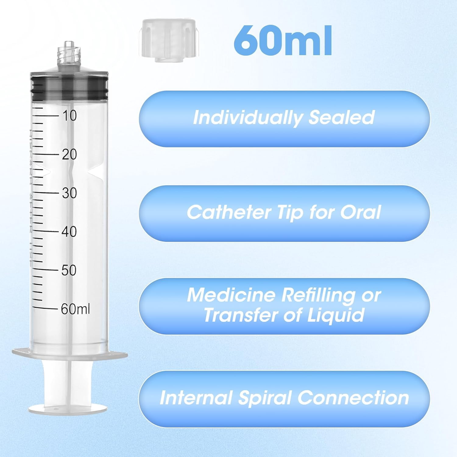60ml Locking Syringe for Liquids, Syringe with Cap, 10 Packaged Individually