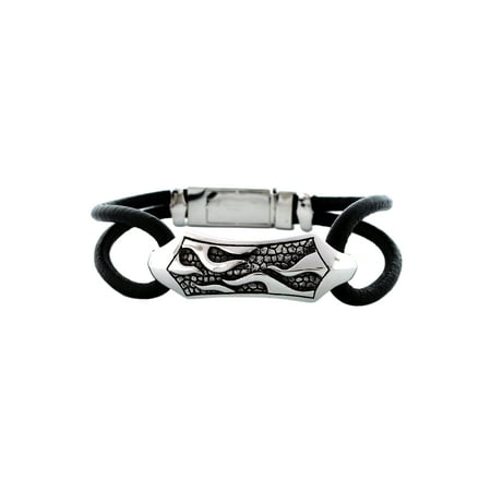 Men's Stainless Steel Scrolled Design Leather Bracelet, 8