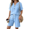 thumbnail image 4 of GZWYHT Linen Outfits Women 2 Piece，Travel Outfits Bohemian Sets Cotton Linen Shorts For Women Workout Sets For Women Cotton Summer Sets For Women Linen Matching Set Blue L, 4 of 9