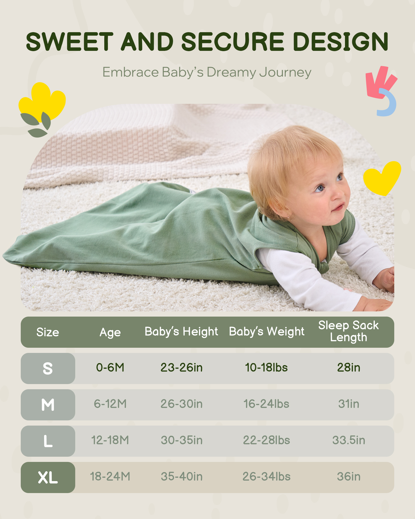 Baby Sleep Sack 18-24 Months, 100% Organic Cotton Wearable Blanket for Babies, 2-Way Zipper TOG 0.5 Lightweight Breathable Baby Sleeping Bag, 4 Sizes-XL Leaf&Green