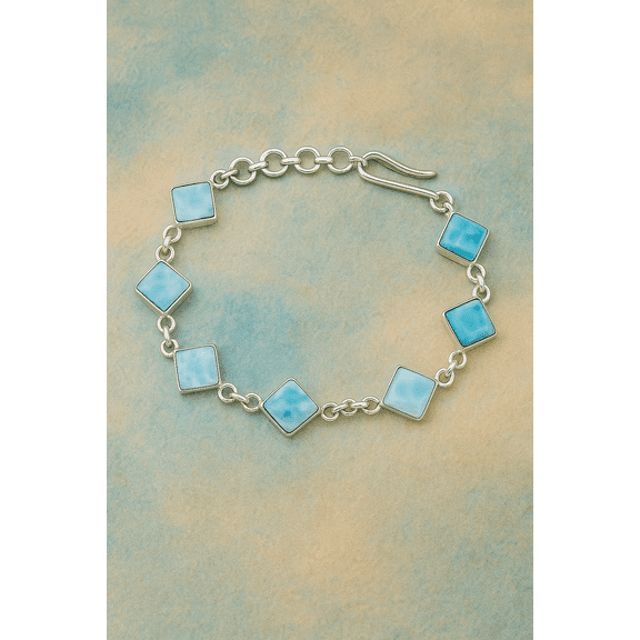 Genuine Larimar Bracelet for Women - 925 Sterling Silver Link Bracelet with Dominican Larimar Stones, 8-Inch