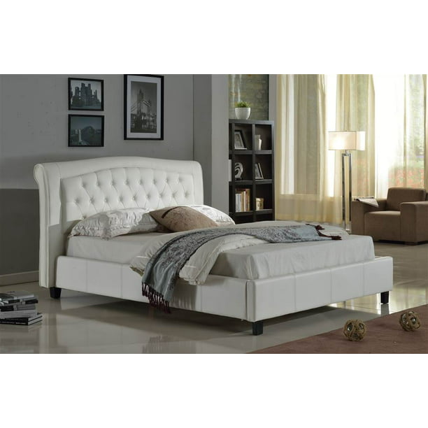 Platform Bed with Tufted Headboard in White (Queen - 80.75 in. L x 60.5
