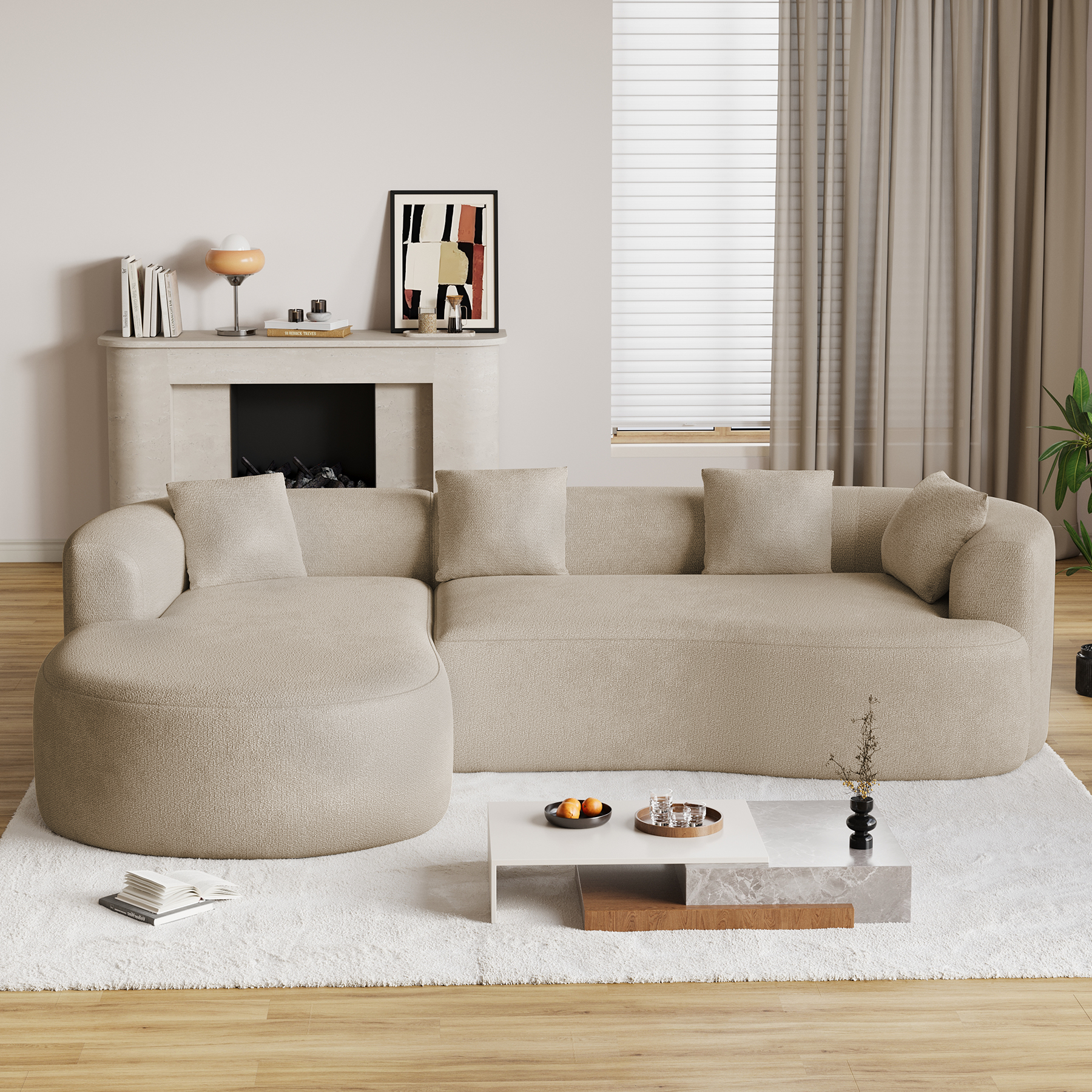 Wiilayok 110" Chenille L Shaped Sectional Sofa,Curved Sofa Couch with Left Chaise,Cloud Compression Deep Seat Sofa Couches for Living Room,No Assembly,Light Brown
