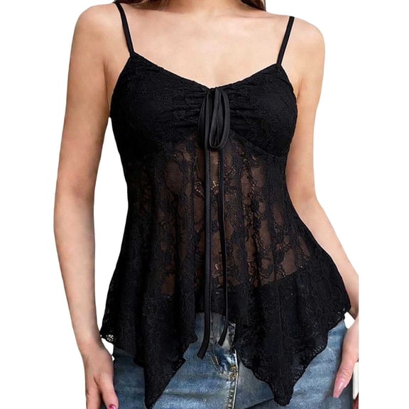 Iyufng Women's V Neck Front Drawstring Tie Sheer Lace Tank Tops Irregular Hanky Hem Solid Elegant Daily Camisole
