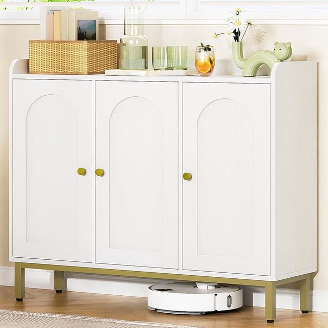 Buffet Bahut Blanc et Or, Crédence de Rangement Moderne à 3 Portes, Table Console Mi-Siècle pour Salon, Cuisine, Entrée