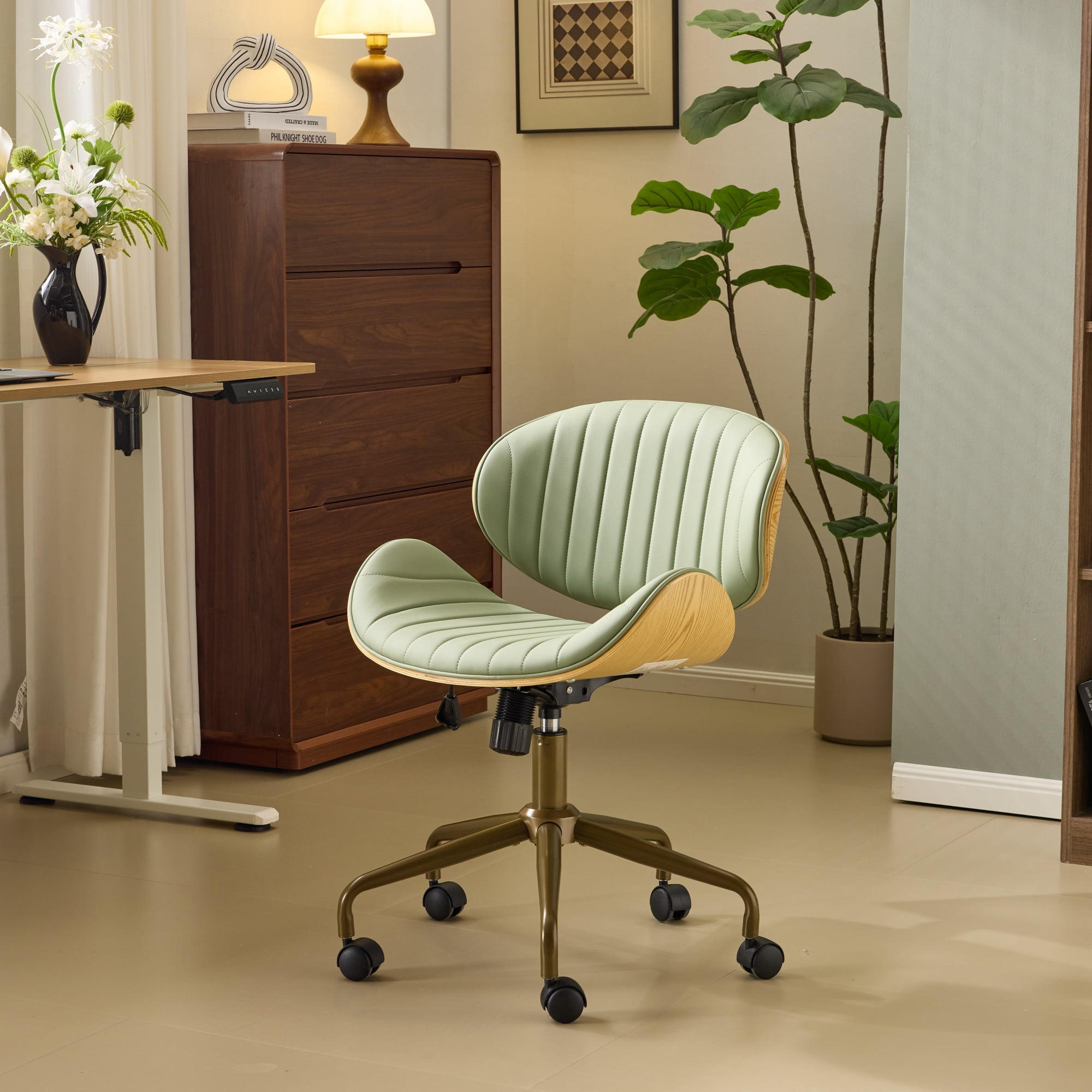 Ktaxon Armless Office Chair, Curved Wood Accent Desk Chair with Swivel Seat, PU Task Chair for Study, Makeup Vanity Green