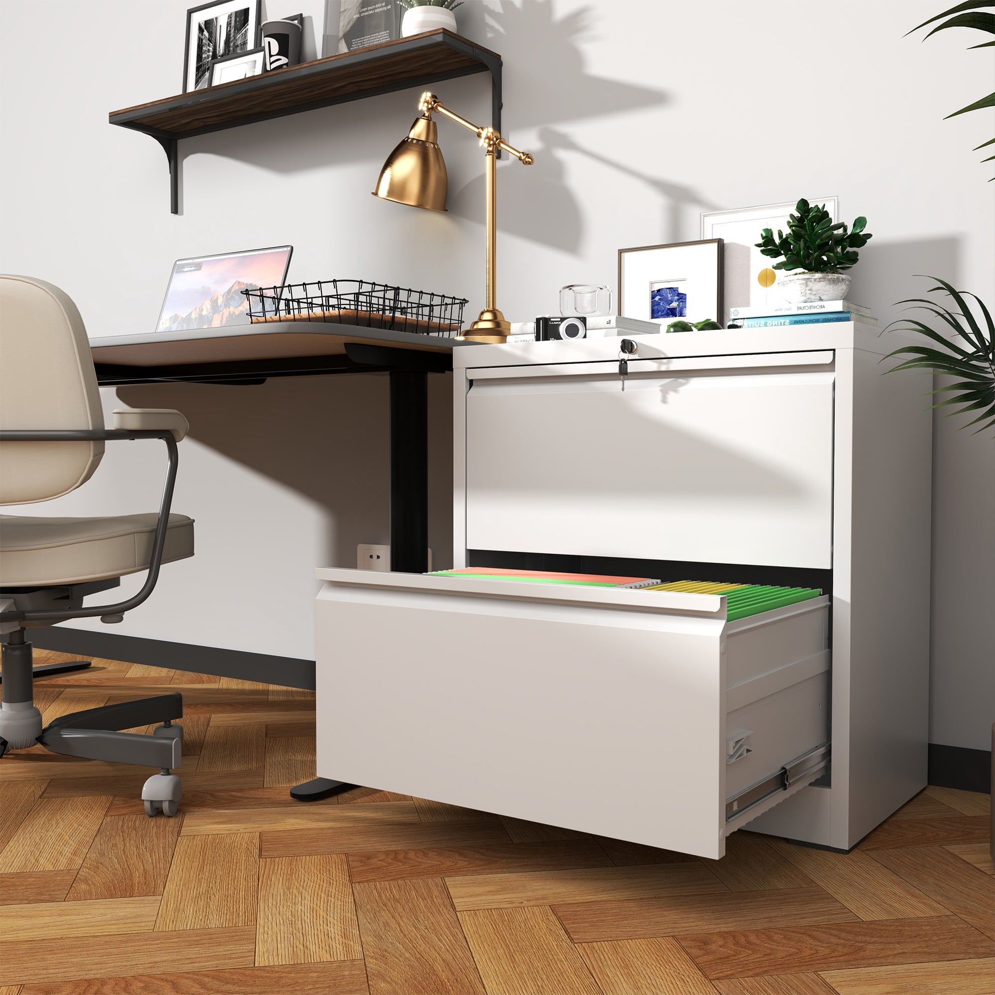 2 Drawer Lateral File Cabinet with Lock, Metal Lateral Filing Cabinet for Home Office, Steel Wide Horizontal Filing Cabinets for Letter/Legal/A4/F4 Hanging Files (White)