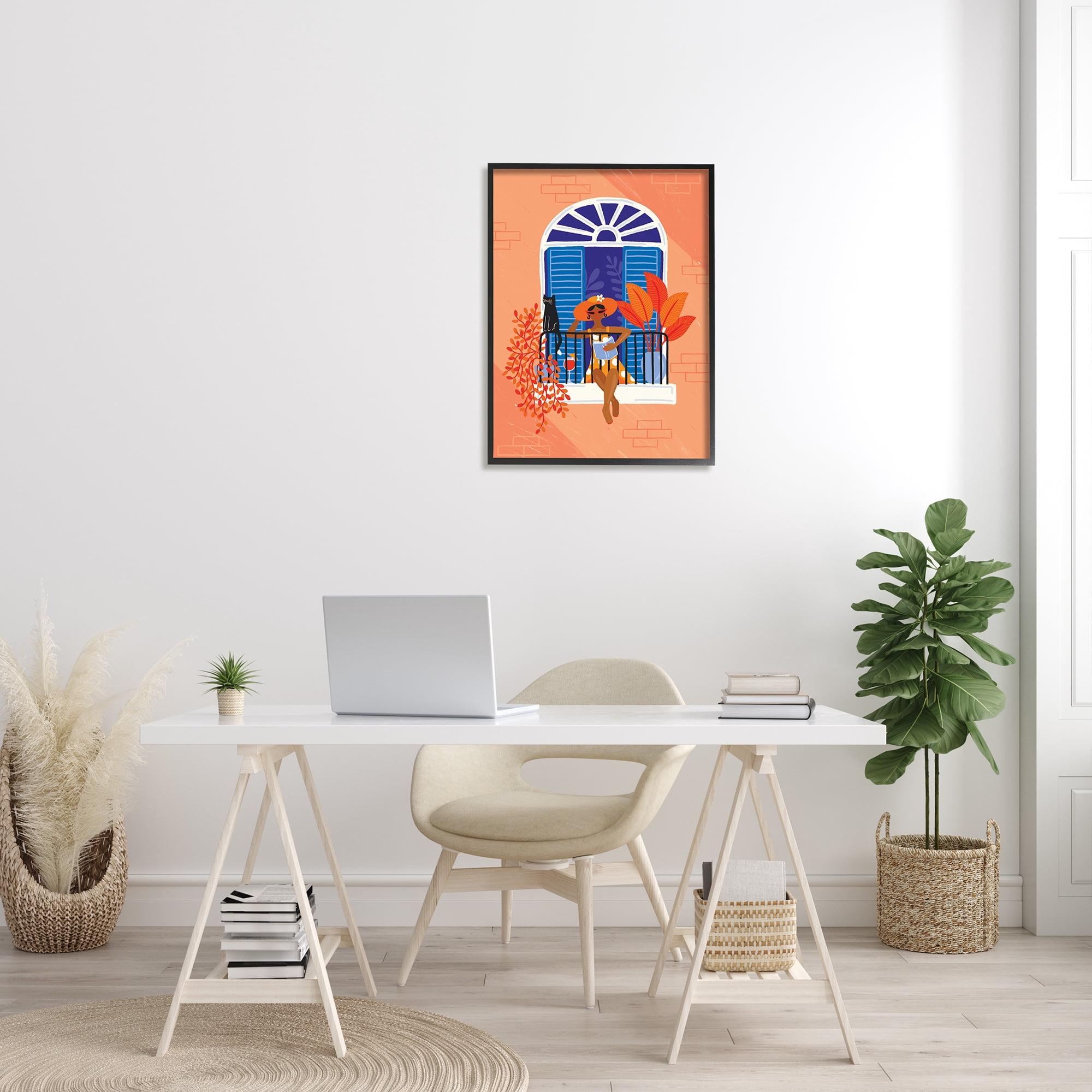 Stupell Home Décor Industries Woman Reading Balcony Perched Cat Tropical Plants, 24 x 30, Designed by Make Much Studios
