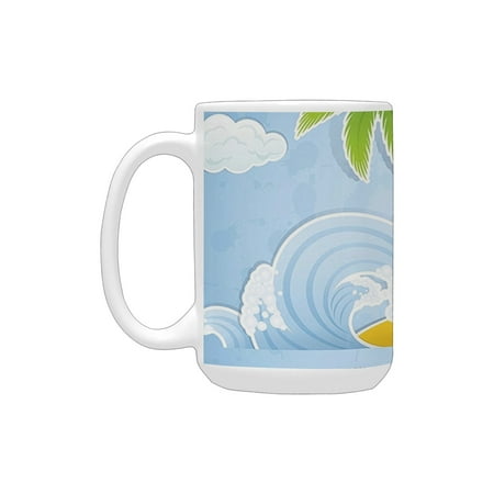

Ocean Decor Collection Illustration of Tropical Island with Palm Trees Waves and Clouds in the Ocean Ceramic Mug (15 OZ) (Made In USA)