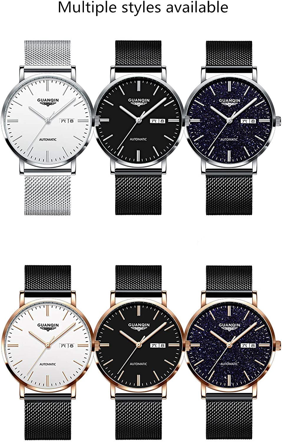 GUANQIN Automatic Mechanical Self Winding Watches for Men Day Date Luminous Steel Leather Wrist Watch