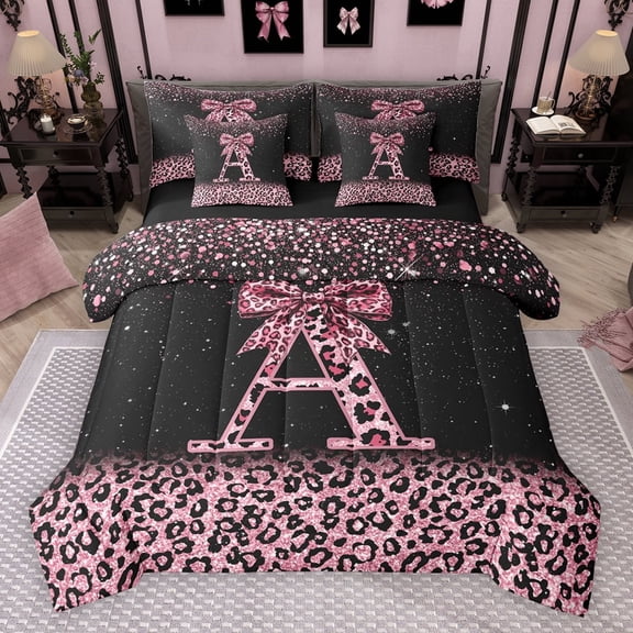 Erosebridal Cute Pink Leopard Print Twin Bedding Sets for Girls, Bowknot Letter A Bedding Comforter Set, Black Reversible 7-Piece