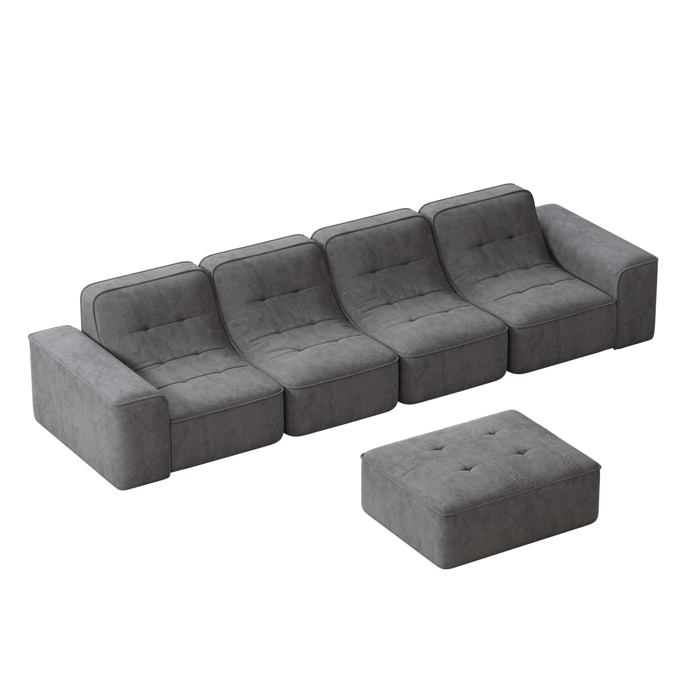 Noble House 144" Modular Sectional Sofa, Tufted Sparkling Chenille Deep Seat Couch with Ottoman, Accent Chair, Gray