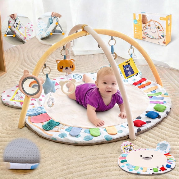 Beavtaens Baby Gym Play Mat, Large Mat with 6 Sensory Zones, 4-in-1 Tummy Time for Infants 0-18M