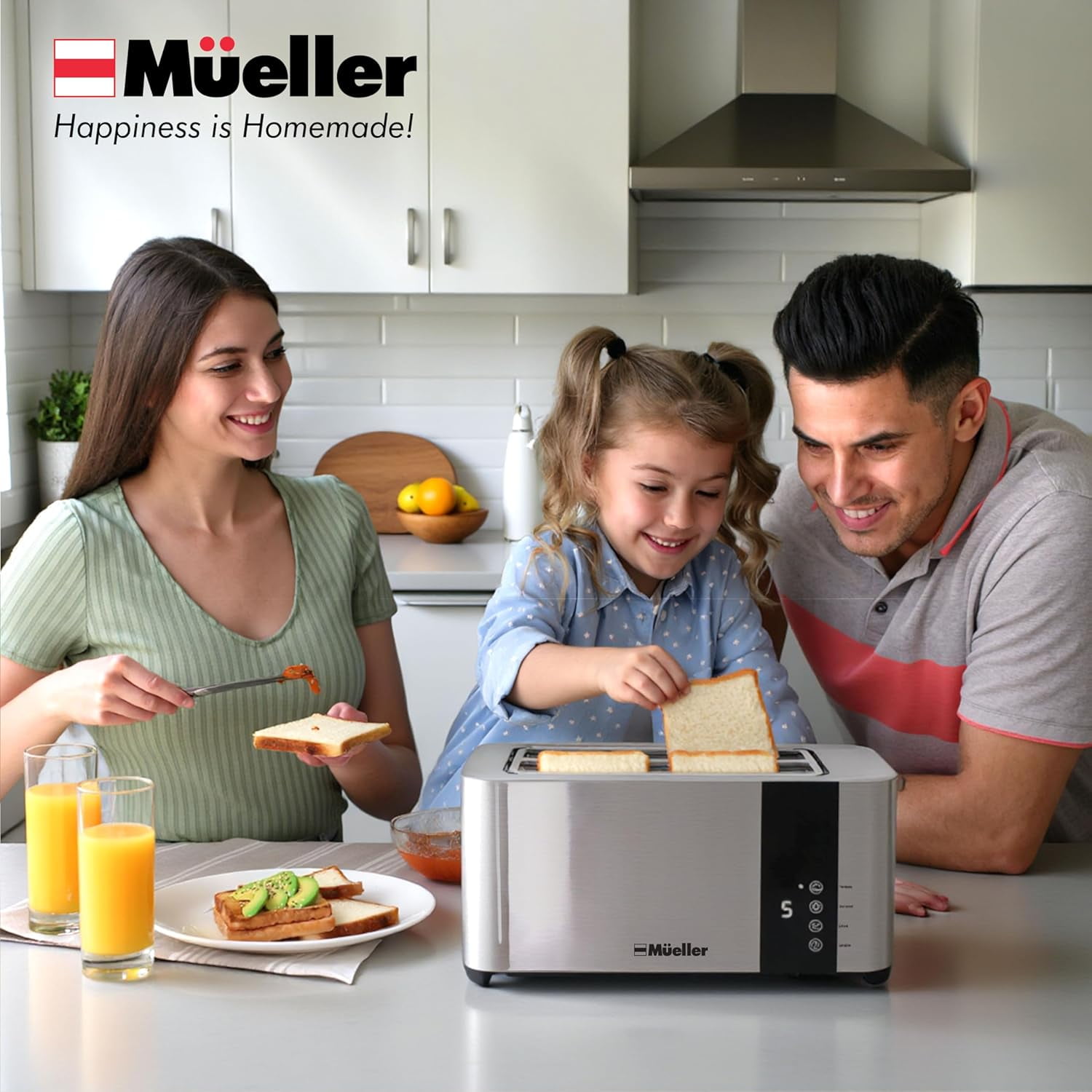 MÜELLERHOME UltraToast 4-Slice Toaster – Full Stainless Steel, Extra-Wide Slots for Bagels/Waffles, 6 Browning Levels, LED Display, Cancel/Defrost/Reheat, Removable Tray.