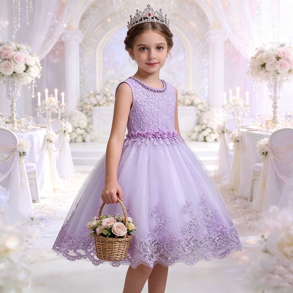 ITSAME Girls Tulle Embroidery Formal Dresses Crewneck Sleeveless Pageant Wedding Birthday Party Gown Purple Size 7-8