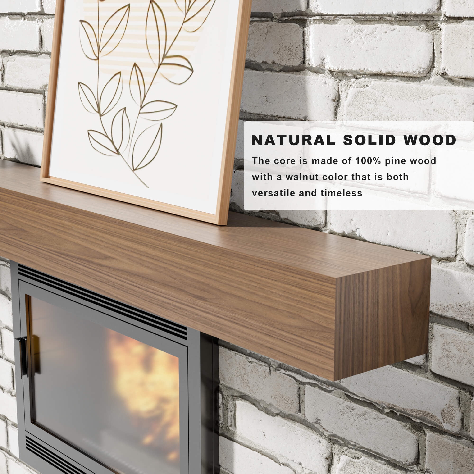 80 Inch Fireplace Mantel, Pine Wood Wall-Hanging Floating Shelf, Natural Wood Display Shelf, Wall Art and Home Decor, Easy to Install, Strong and Durable, for Living Room, Bedroom, Kitchen, Walnut
