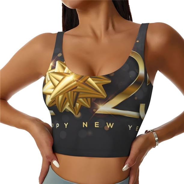 Balery 2025 Happy New Year 1 Sujetadores deportivos con espalda cruzada para mujer, acolchados, sin costuras, de alto impacto, ideales para yoga, gimnasio, entrenamiento y fitness.-Medium