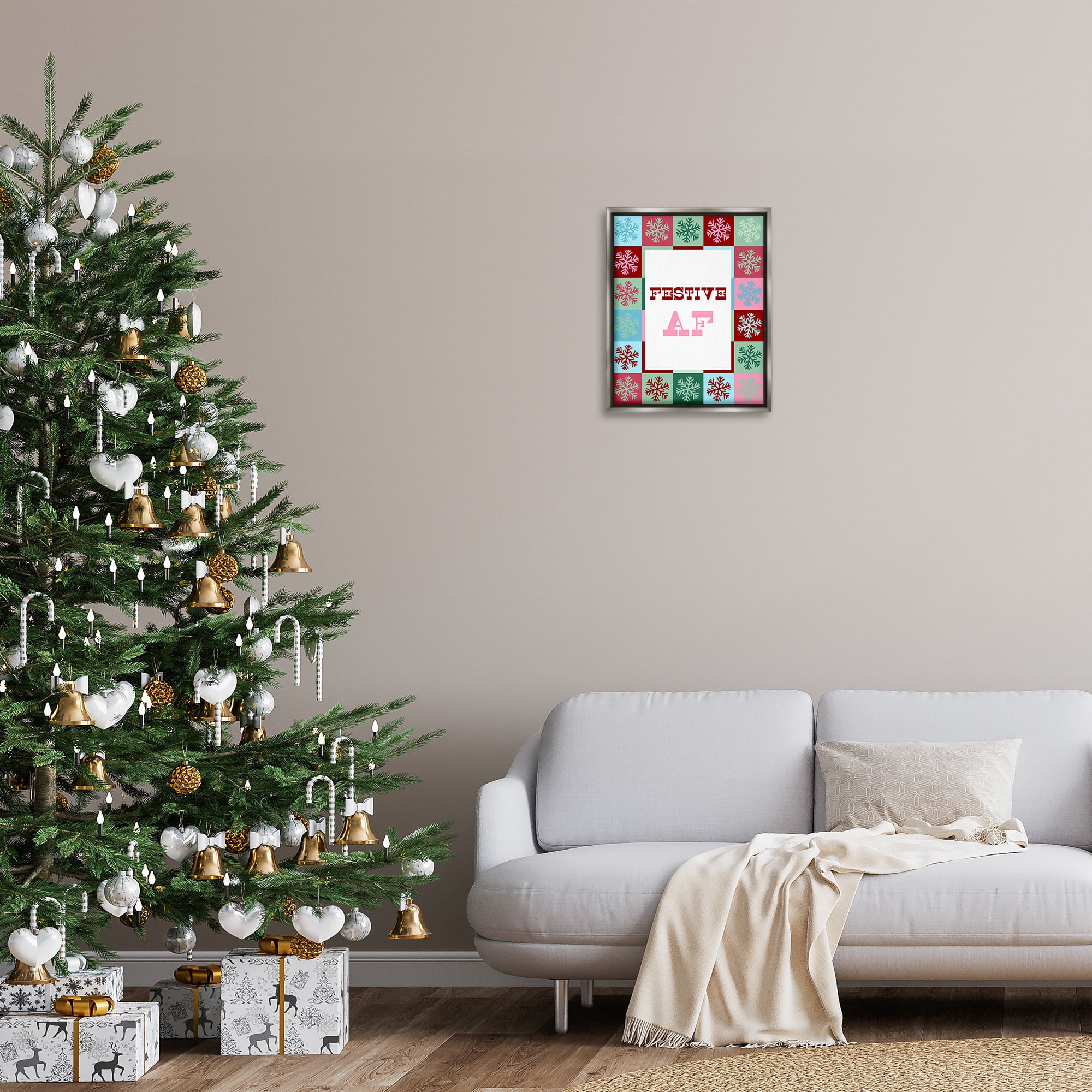 Stupell Industries Festive AF with Snowflakes Holiday Painting Gray Floater Framed Canvas Art Print Wall Art, 17 x 21