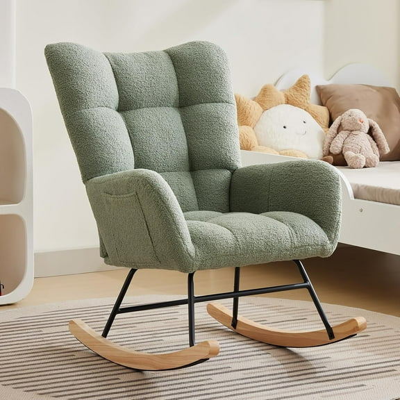 EastVita Plush Teddy Upholstered Nursery Rocking Chair with High Backrest, Comfy Glider Rocker for Breastfeeding, Indoor Accent Armchair for Living Room