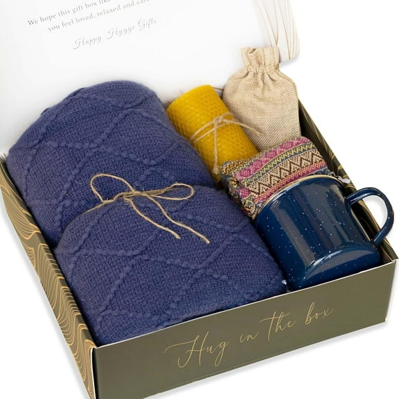 Cozy Fall Gift Set Care Package For Men with Soft Acrylic Knit Blanket, Campfire Mug, Nordic Socks, & Hot Cocoa | Feel Better, Post Surgery Gift Basket, Recovery Care Package for Him