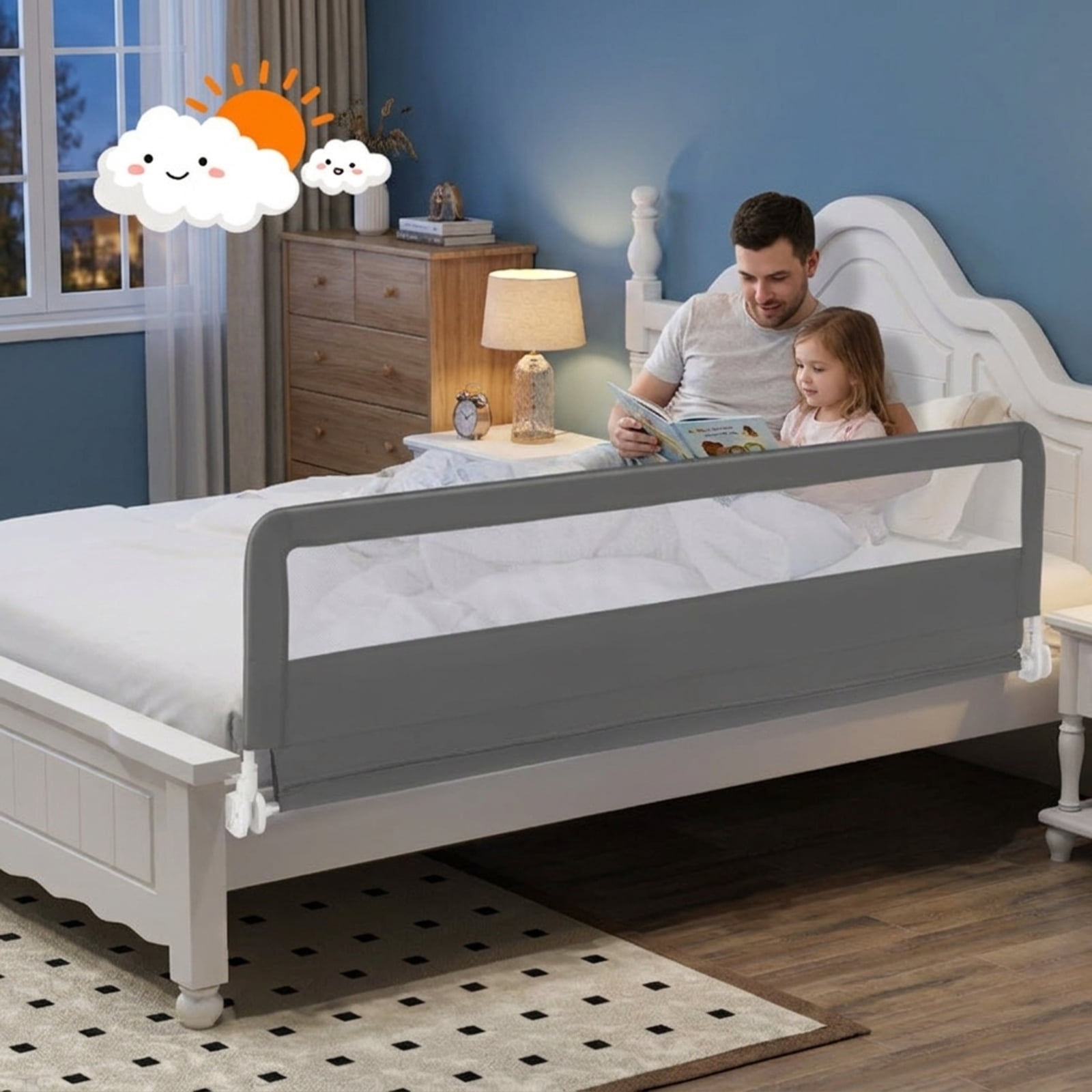 SUGIFT 71 Inch Extra Long Swing Down Bed Side Rails Guardrail with Ventilated Mesh Adjustable Safety Belt Oxford Cloth and Reinforced Steel Frame for Bedside, Gray