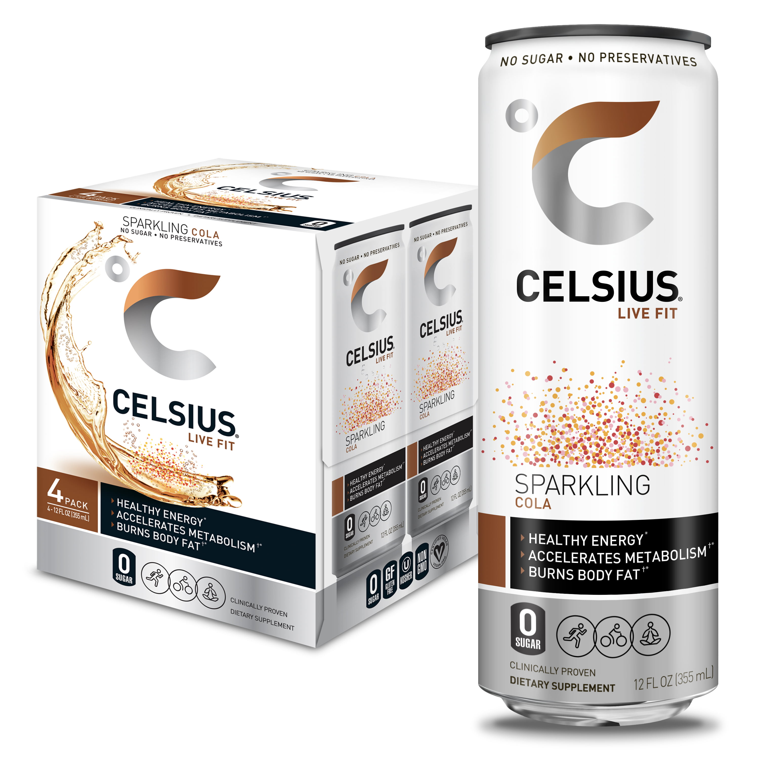 CELSIUS Sparkling Cola Fitness Drink, Zero Sugar, 12oz. Slim Can, 4 ...