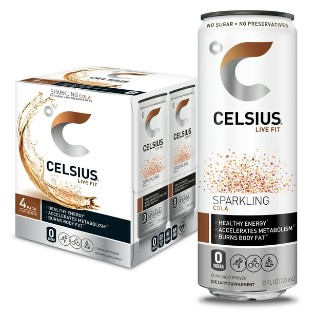 CELSIUS Sparkling Cola Fitness Drink, Zero Sugar, 12oz. Slim Can, 4